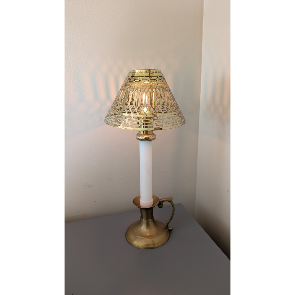 Vintage Brass Pierced Metal Candlestick Holder & Lamp Shade
